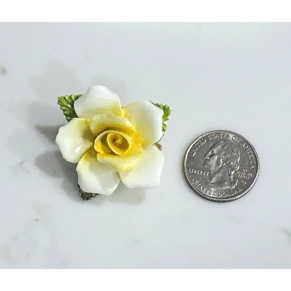 Vintage Porcelain Flower Brooch Made In England Yellow White Rose Bone China